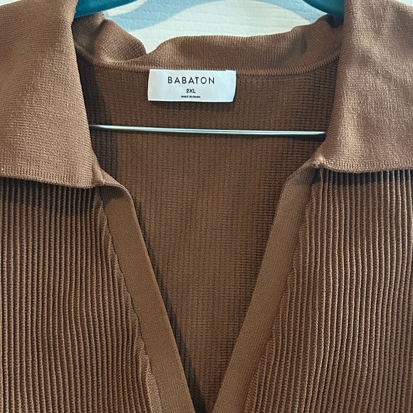 Aritzia Babaton Sculpt Knit Polo Top Epicurean Brown Ribbed Women’s XXL Stretchy - Picture 3 of 8